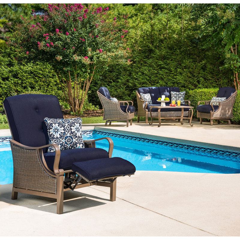 Craighead Luxury Recliner Patio Chair with Plush Cushions and Accent Pillow, Navy Blue