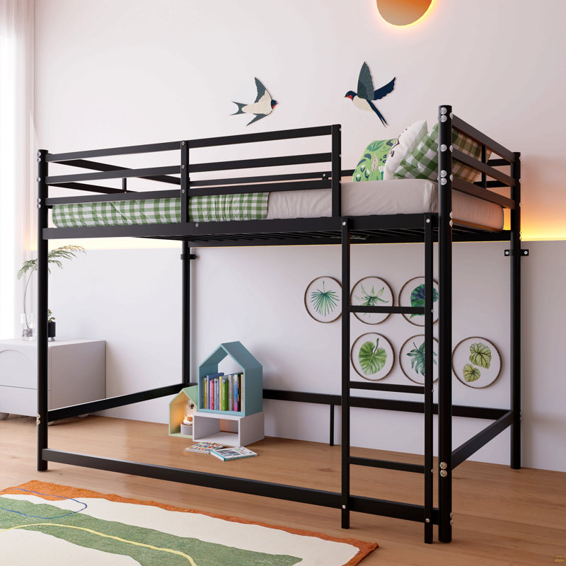 Lit superposé avec échelle et lit superposé en métal à garde-corps haut, espace de rangement, silencieux, taille simple sur simple, noir