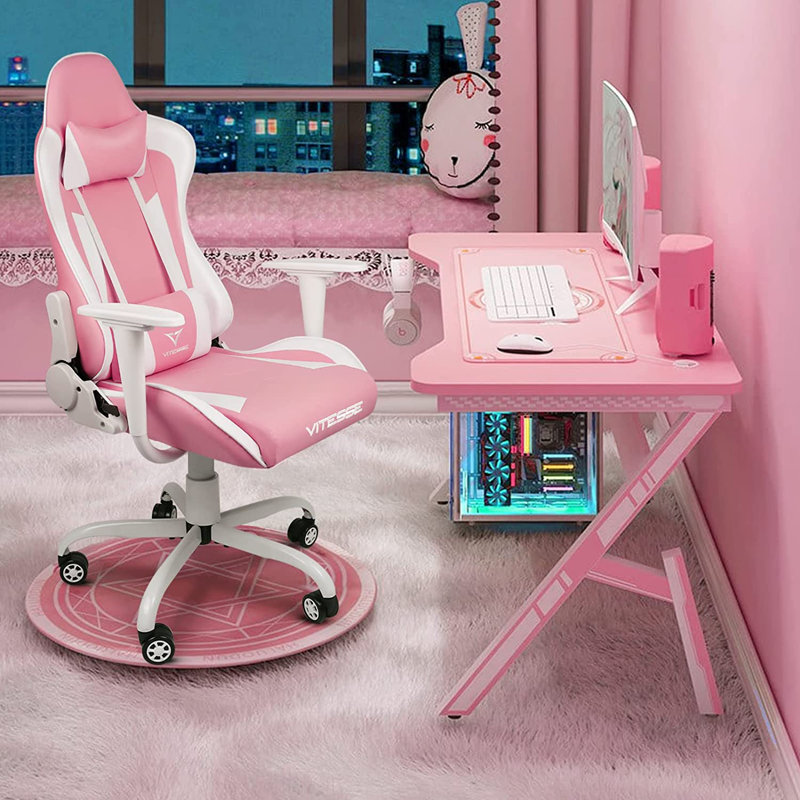 Fauteuil de jeu ergonomique pour ordinateur avec support et appui-tête de 330 lb, Rose, H 52,76 po x l 20,28 po x P 22,83 po