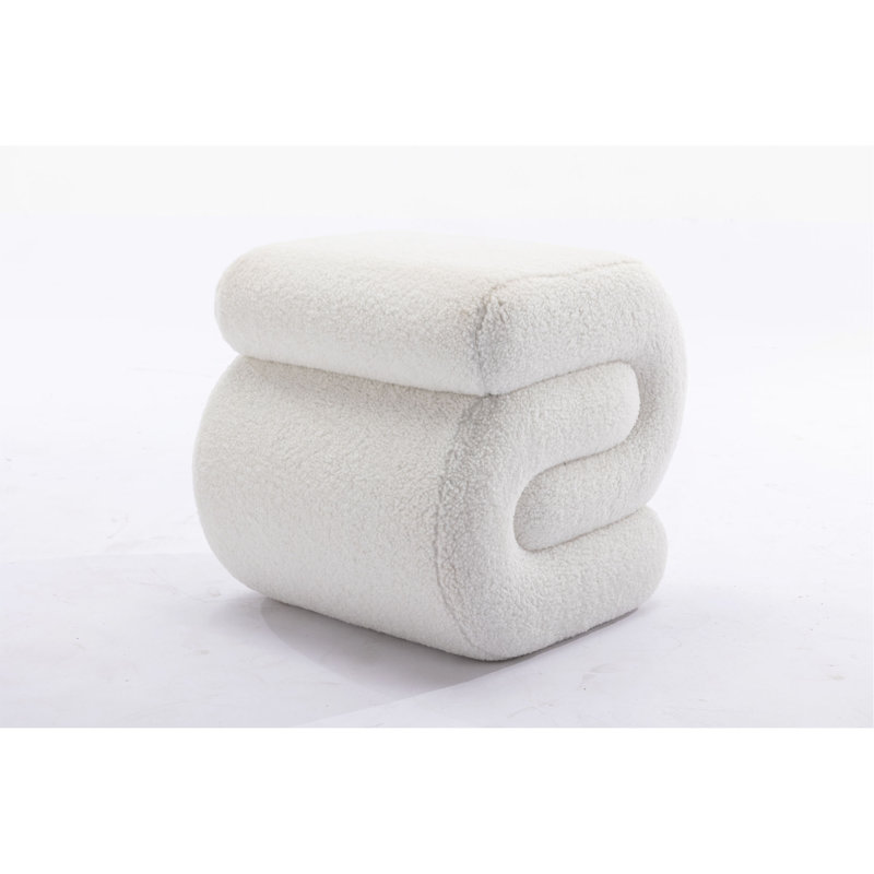 017S-S-Shape Fabric Ottoman Makeup Stool Footstool（ONLY OTTOMAN), Ivory Teddy
