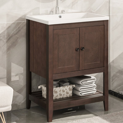 24"" Bathroom Vanity With Ceramic Basin, Solid Wood Bathroom Storage Cabinet With Two Doors And Drawers -  TOLOYE, YSYJ-BRZS-Y40