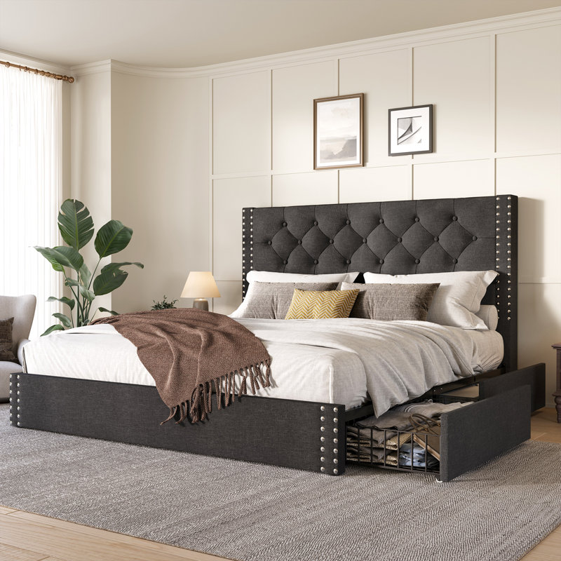 Upholstered Platform Bed With Storage Drawers, Queen, Dark Gray