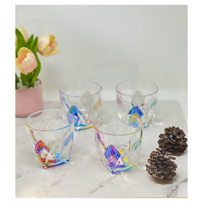 Ensemble de verres en acrylique Rainbow Diamond de 4 verres à eau (9 oz), verres à cocktail en plastique sans BPA, ensemble de verres, verres à eau