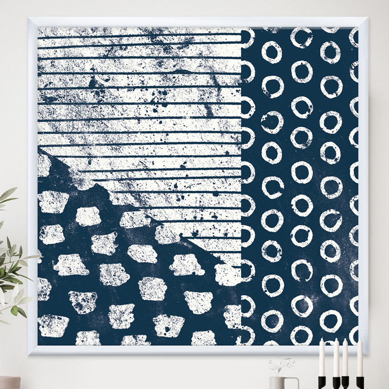 «Indigo Striples and Tile», reproduction sur toile encadrée, H 30 po x l 30 po x P 1 po, Cadre blanc