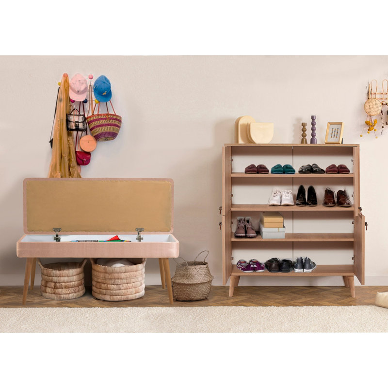Bohemian Hallway Furniture Set, 2 Pieces | Shoe Cabinet (37.4 x 43.7 x 14.2 inches) & Velvet Bench (41.3 x 19.3 x 15.7 inches) | 100% Melamine Coated Particle Board & Wooden Legs | Stylish Sonomo & Stone Colors