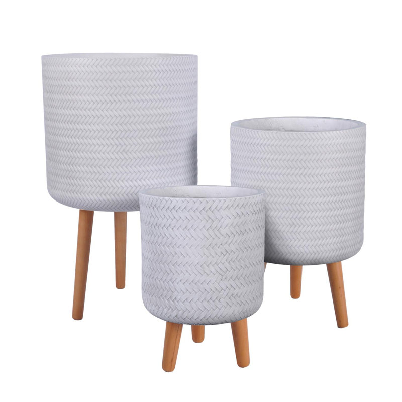 Plaited Style Cylinder Round Planter with Feet, White, 46cm H x 30cm W x 30cm D