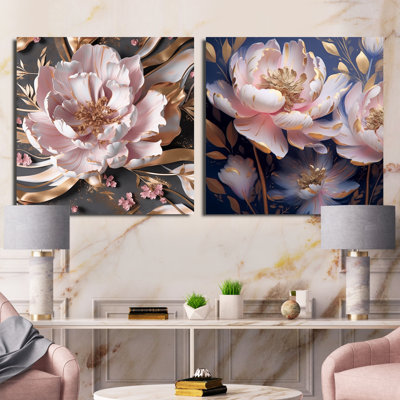 Pink Peony Flower Golden Touch - Poppies Square Collage Set Of 2