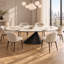 Table de salle à manger ovale moderne en pierre frittée avec dessus d'aspect marbre et pied central en acier inoxydable, idéale pour la cuisine et le salon.-6559634