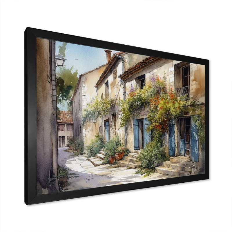 Riata, village méditerranéen, rue V - Paysage, art mural chalet, H 12 po x l 20 po x P 1 po, Cadre noir