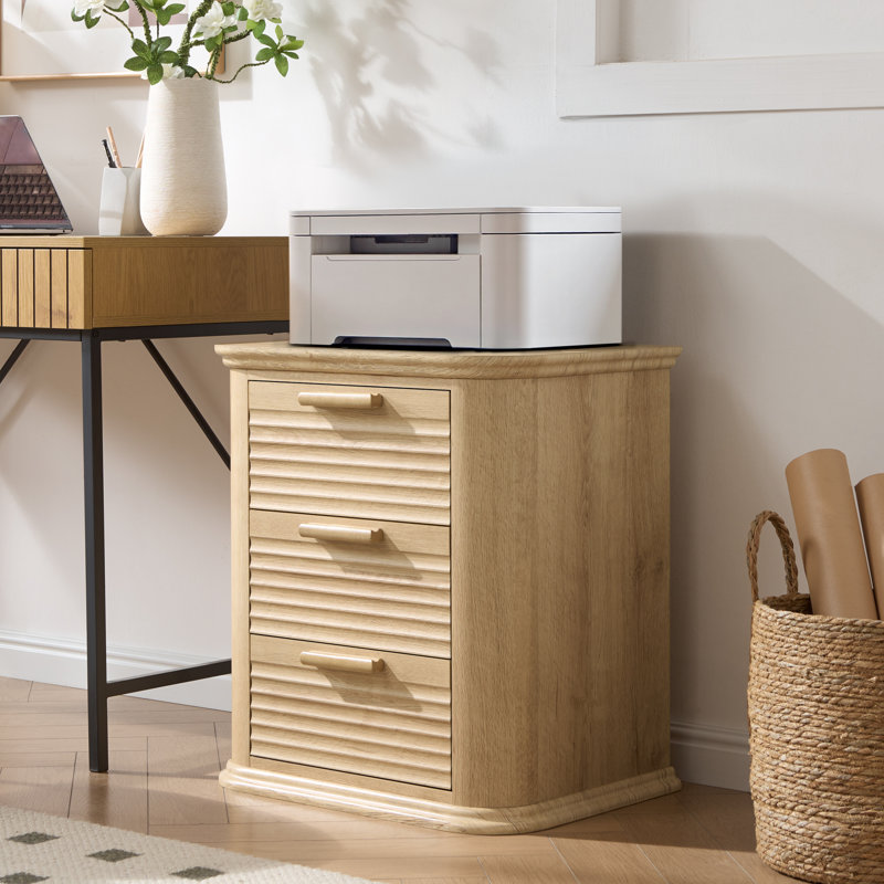 22" Large Tabletop Round Corner Nightstand with Charging Station Fluted Design with 3 Drawers, Natural