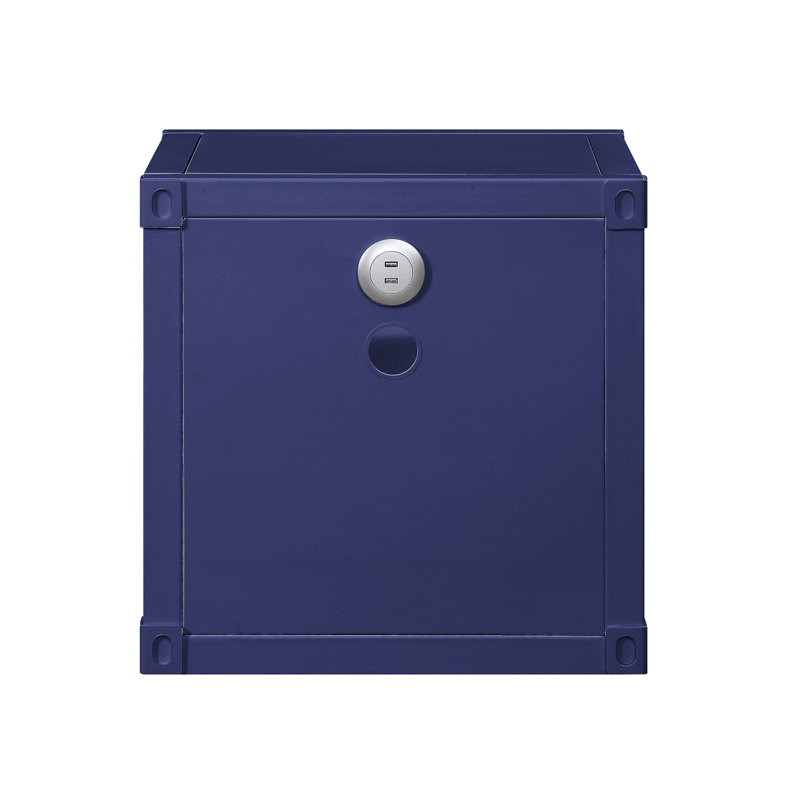 Table de chevet de conception industrielle avec chargement - Cargo bleu, 2 espaces de rangement ouverts, structure en métal robuste activée dans les compartiments bleus, construction, peu encombrante