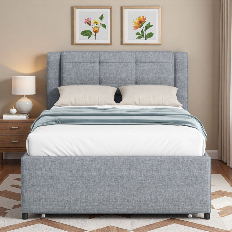Lit plateforme tapissier avec lit gigogne multifonctionnel et tête de lit, Gris