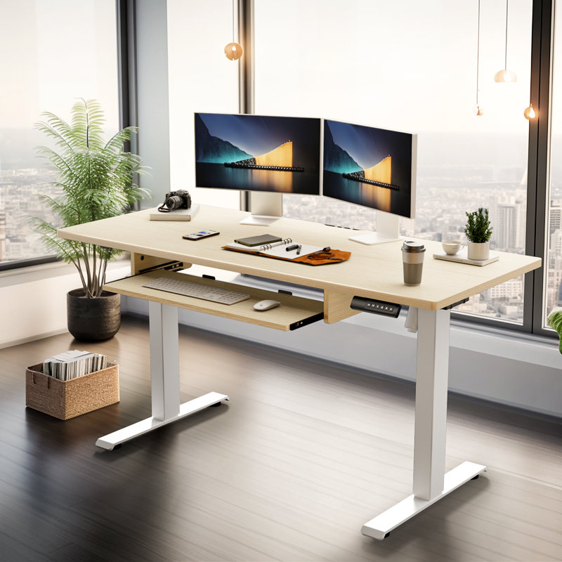 Adjustable Height Standing Desk with 4 Memory Presets, Keyboard Tray for Home Office, Beige, 27.5" H x 55" W x 24" D
