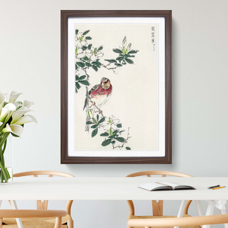 Japanese Long-Tailed Rosefinch by Numata Kashu - Framed Print, Walnut Framed, 48cm H x 36cm W x 2cm D