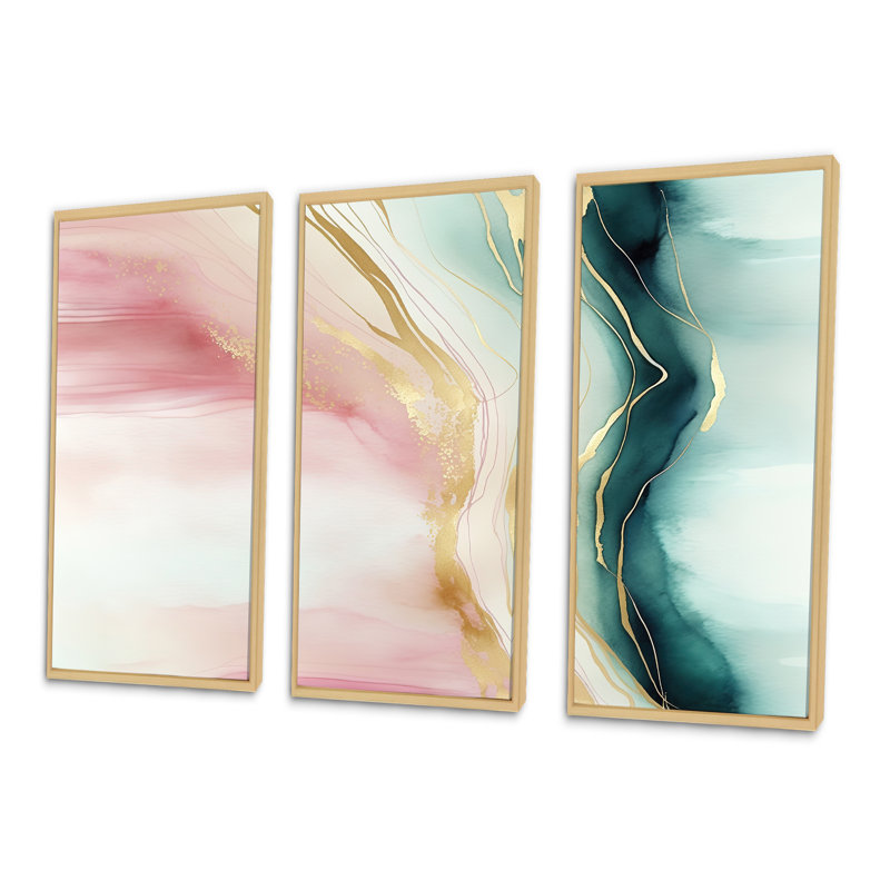 Géode abstraite rose et vert marbre II - ensemble d'art mural sur toile abstraite en marbre, H 32 po x l 48 po x P 1 po