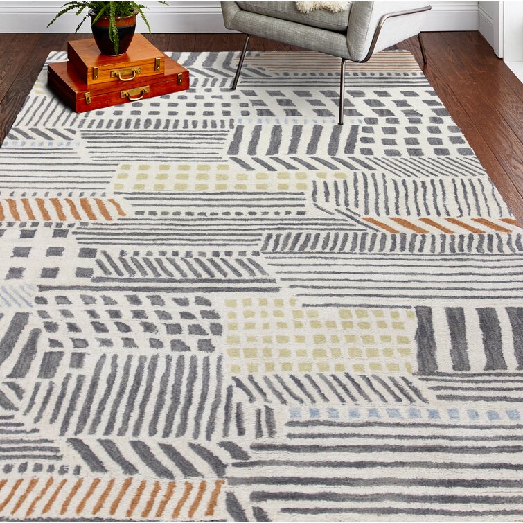 Donna Geometric Handmade Tufted Wool Ivory Area Rug