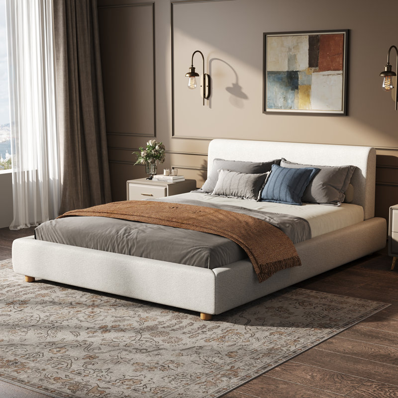 Modern Bouclé Upholstered Platform Bed with Extra-Thick Headboard, Queen