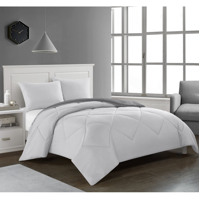 Ensemble d'édredon réversible en microfibre Logan, Édredon pour lit simple + 1 taie décorative stan, Gris clair