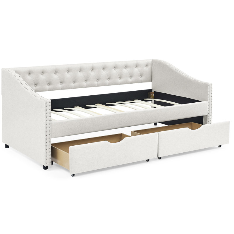 Lit de jour simple rembourré avec tiroirs en beige - Rembourrage en mousse de lit moderne et fonction de rangement pour le salon Siège confortable Chambre à coucher avec cadre renforcé