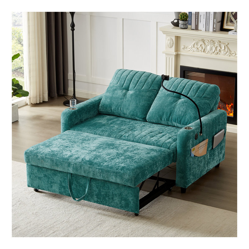 Monelle 53.9" Pull-Out Loveseat Sofa Bed with Adjustable Backrest, Teal
