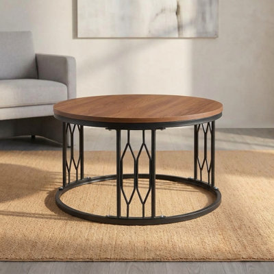 Table basse ronde en noyer de 70 cm (27,5 po) avec piètement en métal en forme de diamant
