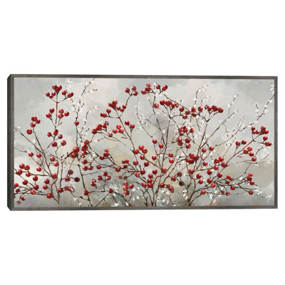 Winterberries by Studio Arts, 28x54", Large Oversized Red Winter Berries on Branches Framed Canvas Wall Art Print, Steel Frame