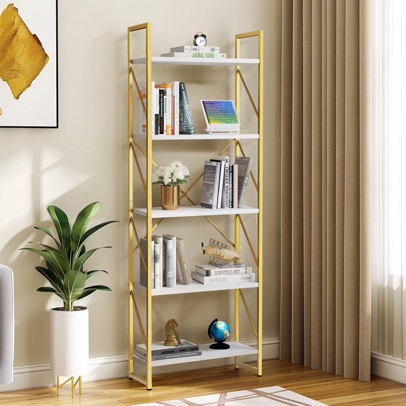 Bibliothèque Kordt, Blanc / doré, (5 tablettes) H 62,2 po x l 23,6 po x P 11,8 po