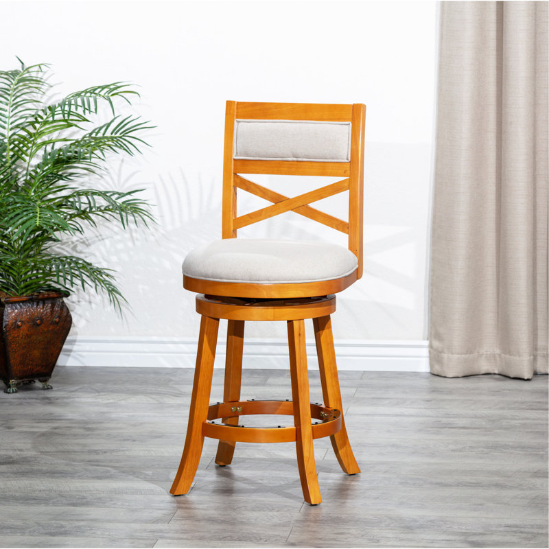 Deriah large, Beige, Tissu blanc / cadre brun, Tabouret de comptoir (siège d'une hauteur de 24 p