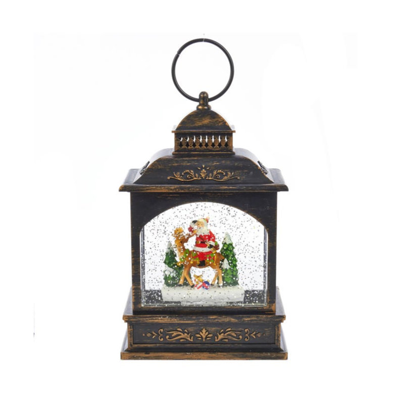 Kurt Adler Battery Operated LED Santa Lantern with Twirling Snow Motion, 9in