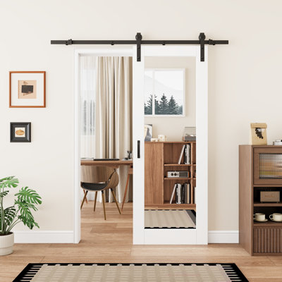 Panneau de porte sans assemblage requis, 84 po H, portes coulissantes de style grange à double miroir, porte de placard en bois d'ingénierie massif avec ensemble de quincaillerie