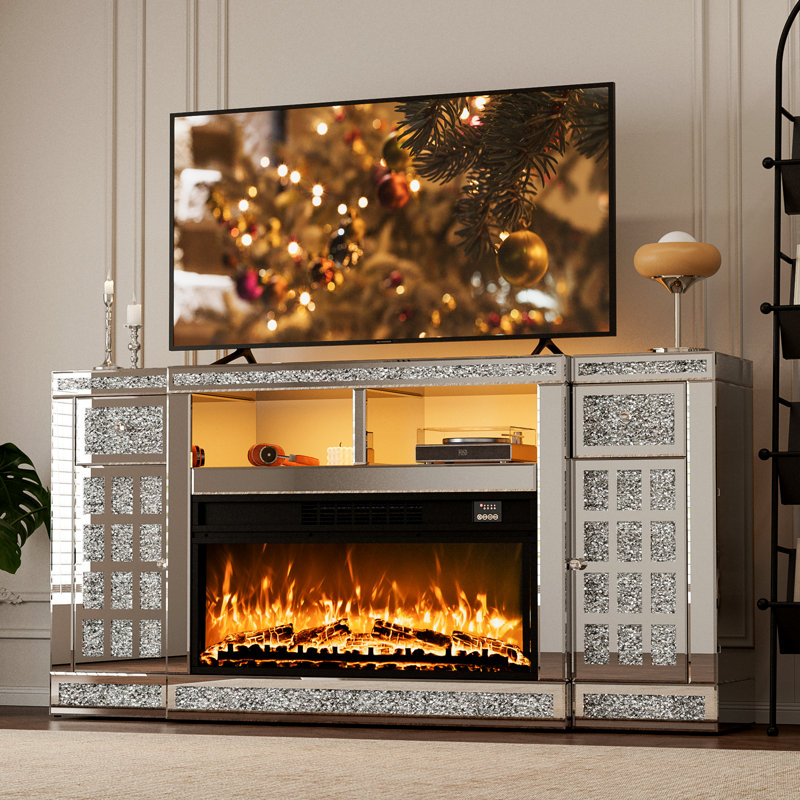Mirrored Fireplace Tv Stand For 65+ Inch Tv, Silver Tv Console Table With Crushed Diamond And Led, Modern Media Entertainment Center With Storage For Living Room, Bedroom And Office