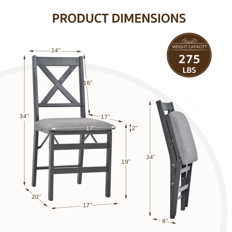 Padded Stackable Folding Dining Chairs with Solid Wood Frame, Dark Grey Frame/Dark Grey Seat