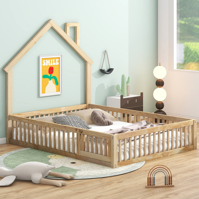 Lit plateforme avec garde-corps Wood House, Naturel