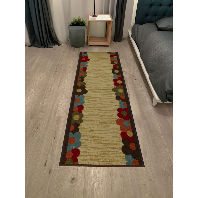 Tapis beige lavable antidérapant à motif floral, Tapis de couloir 1 pi 11 po x 4 pi 11 po