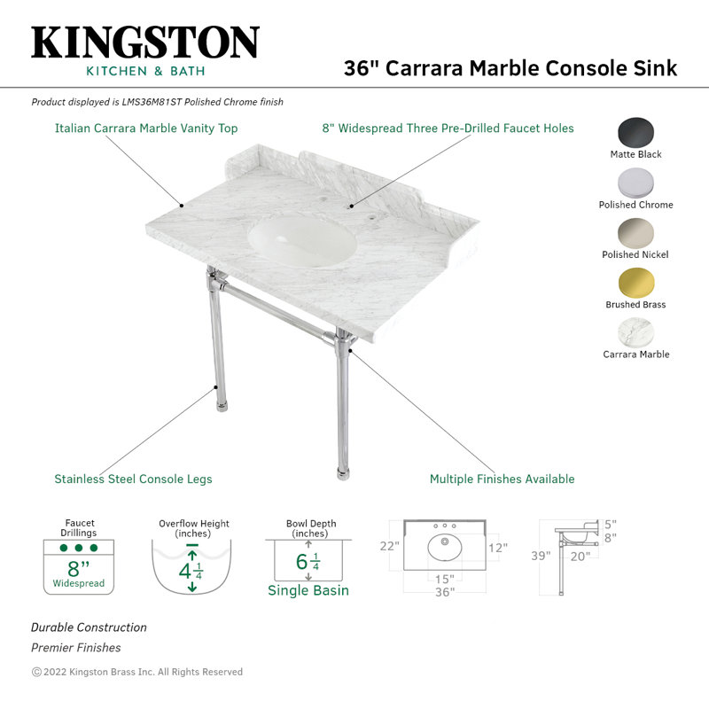 Kingston Brass Dreyden 36-Inch Carrara Marble Console Sink with Stainless Steel Legs (8-Inch, 3-Hole)