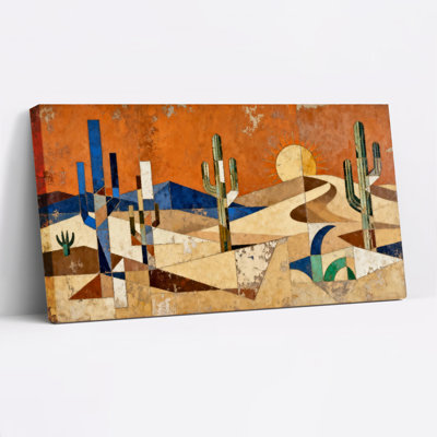 Desert Landscape Abstract Cactus And Sun Canvas Wrapped Wall Art Oil Painting Print Set Of 1