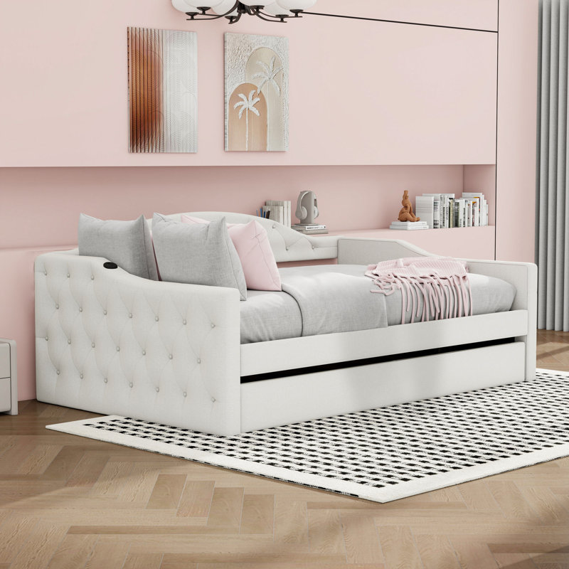 Twin-Size Velvet Daybed with Tufted Detail and Built-in USB Charging Station, Beige