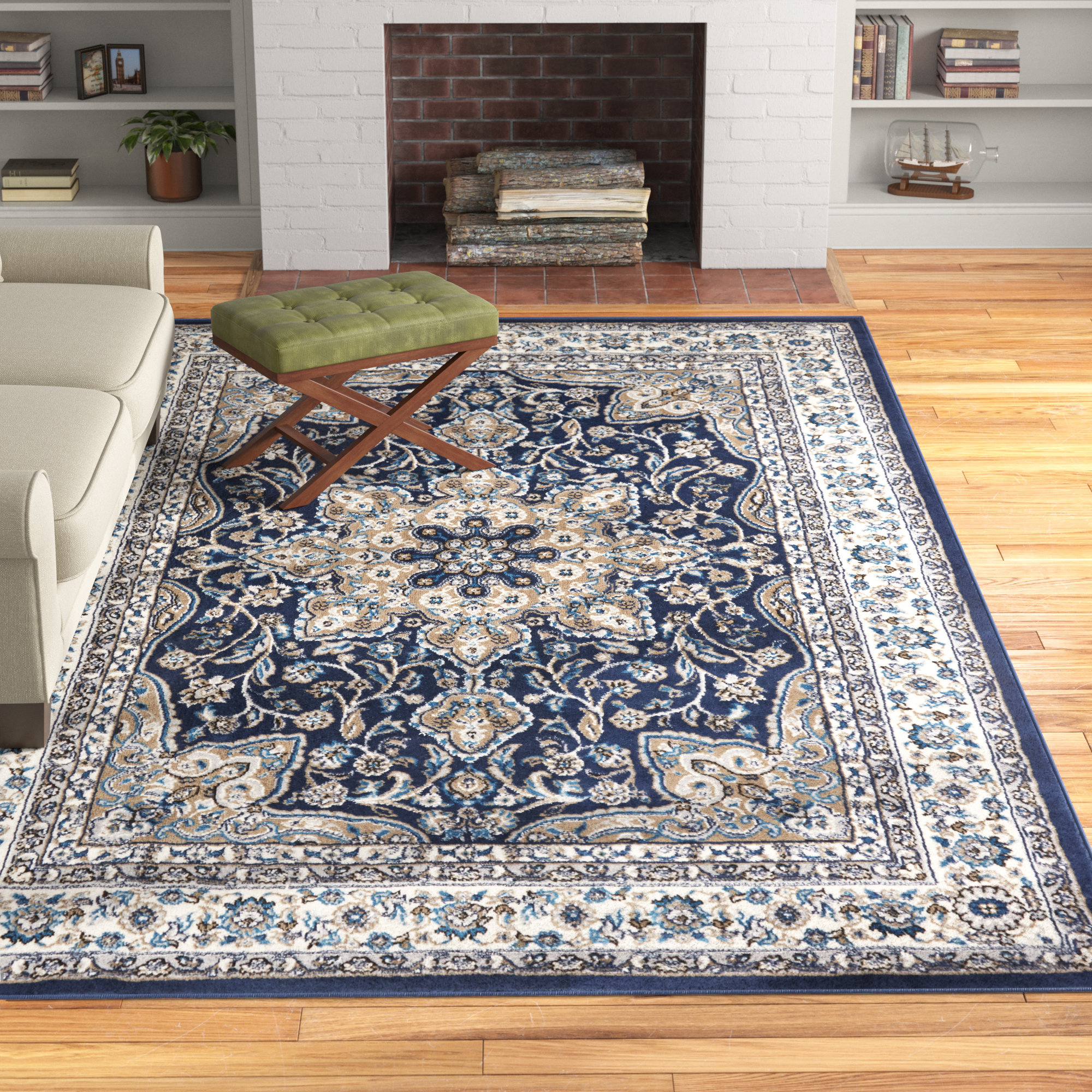 Luxury Round Carpet Living Room Blue Gold Anti-Slip Carpet