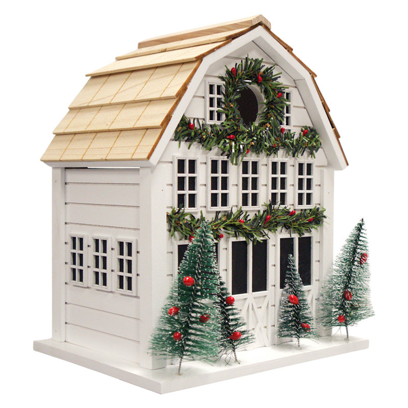 White Wooden Holly Cottage Birdhouse with Holiday Decor