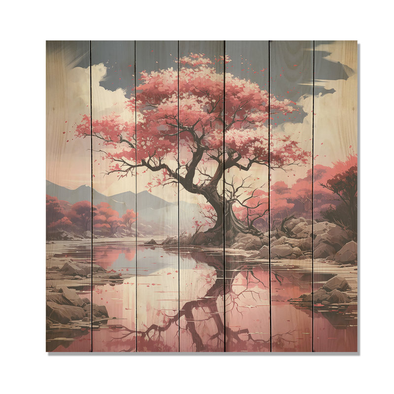 Cerisier rose en fleurs dans la rivière I - Fleur de cerisier sur bois, H 30 po x l 30 po
