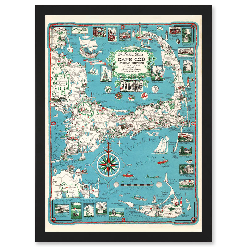 1949 Cape Cod Nantucket Massachusetts Pictorial Map Chase 1 Piece Single Picture Frame Wall Art, 13''W x 17.9''H
