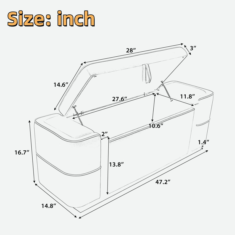 Banc ottoman moderne rembourré avec compartiment de rangement dissimulé, couvercle rabattable et bandes décoratives en métal doré