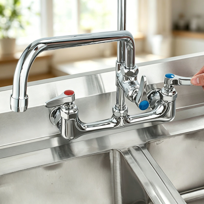 Commercial-Grade Brass Wall-Mounted Sink Faucet With Rotating Spout And Pre-Rinse Nozzle; Suitable For Single, Double, And Triple Sink Kitchens.