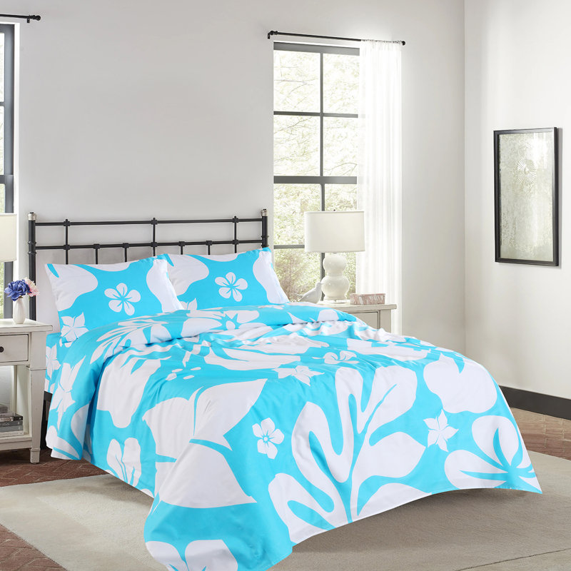 Ensemble de draps 100% coton Floral, Ensemble de draps pour grand lit + un drap-housse , Bleu océan