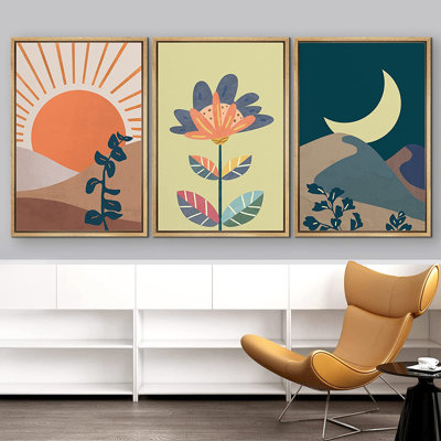«Orange Moon» et «Green Crescent Moon with Flower Nature Sky», ensemble de 3 impressions sur toile