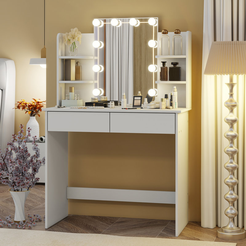 Ensemble de coiffeuse avec 2 grands tiroirs, miroir de coiffeuse et 3 lumières réglables