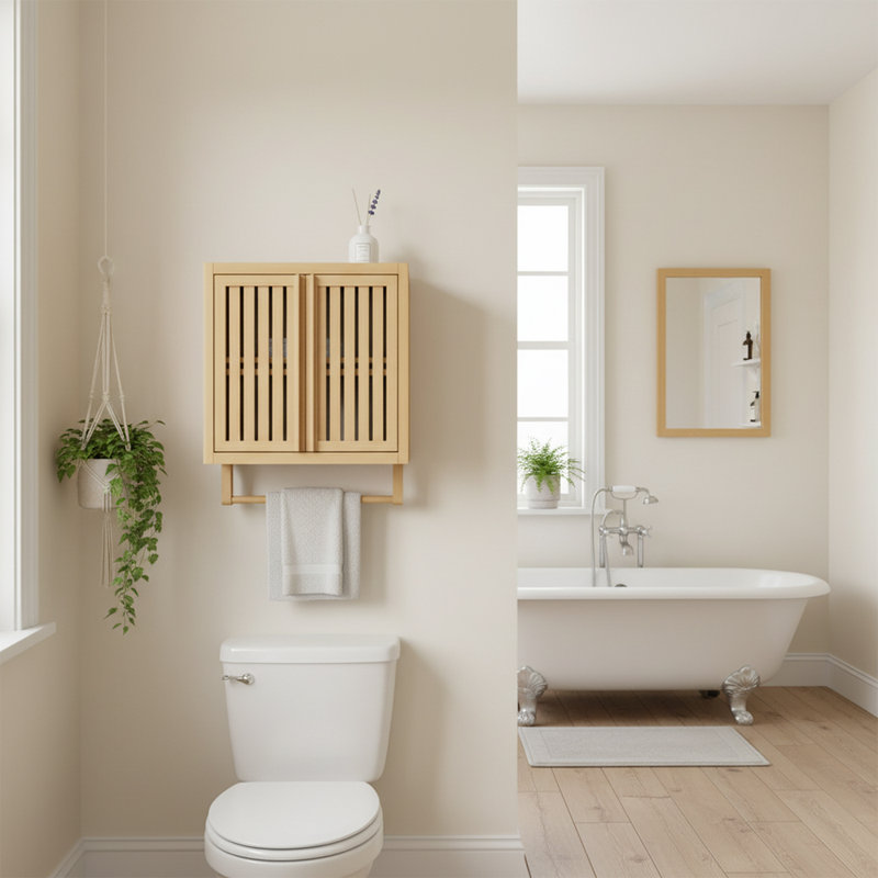 Bamboo Wall Mounted Bathroom Cabinet with Towel Bar, Bathroom Storage Cabinet with Shelves