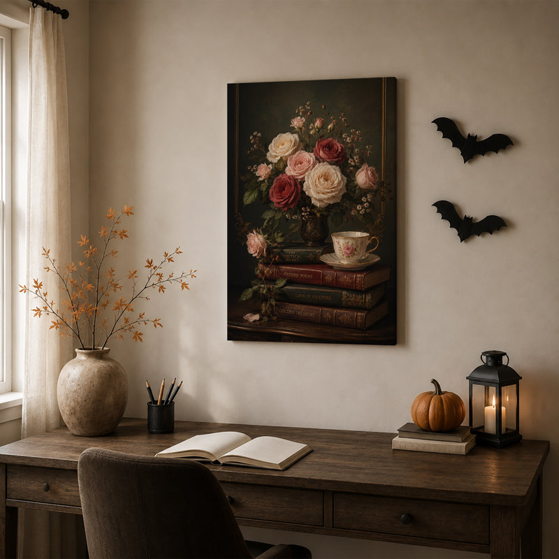 Roses rouges et crème avec livres empilés et tasse de thé, art mural d'Halloween, H 36 po x l 24 po
