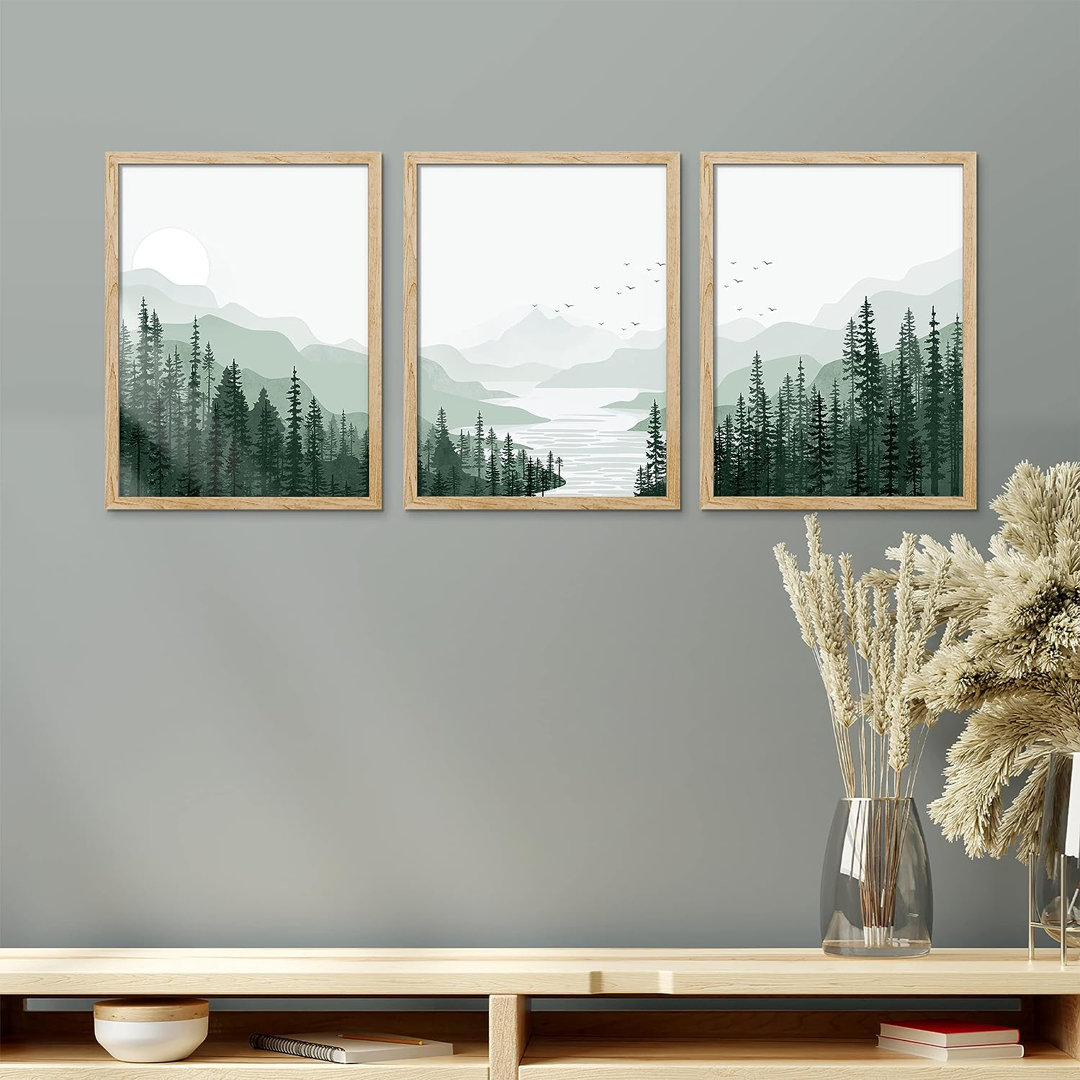 Woodland Forest Landscape " IDEA4WALL Frame Sage Green Mountain Range Pine Tree Forest Wall Art, Set Of 3 Nature Wilderness Illustrations Wall Decor Prints Minimalist Wall Décor For Living Room, Bedroom " 3 - Pieces IDEA4WALL Frame