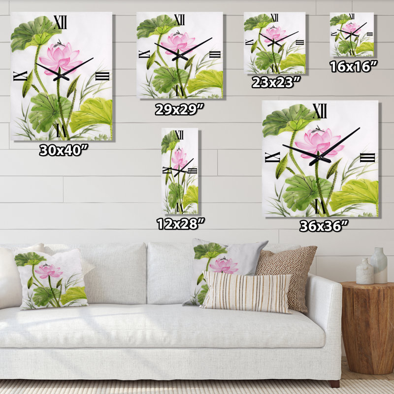 Horloge murale simple avec fleur de lotus et feuilles vertes, Grand